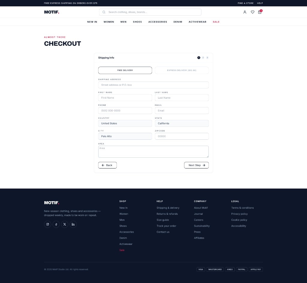Motif checkout page showing the shipping information step with delivery options and a step indicator