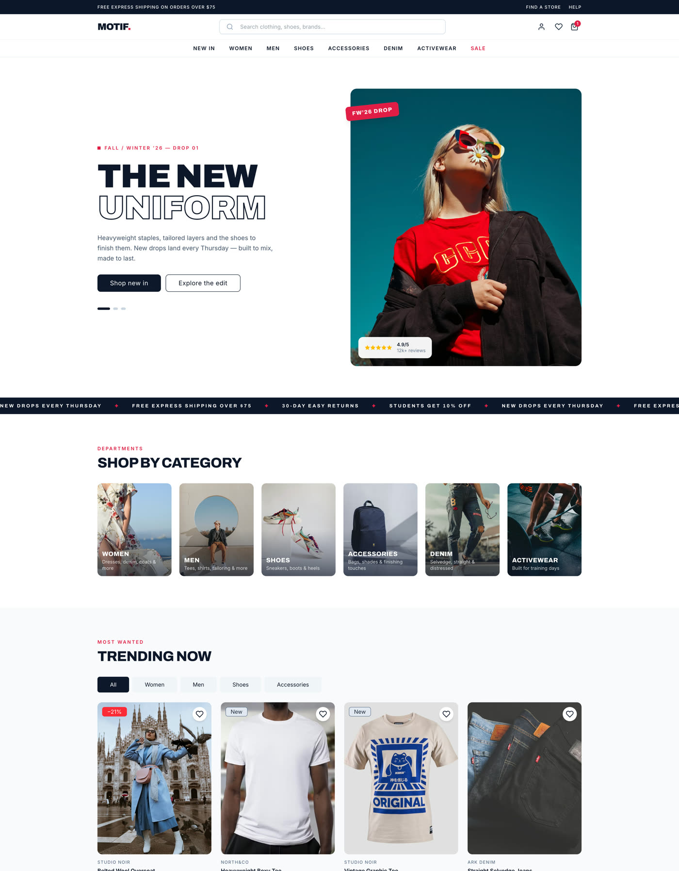Motif storefront home page with a full-bleed seasonal hero, shop-by-category tiles and a trending product grid