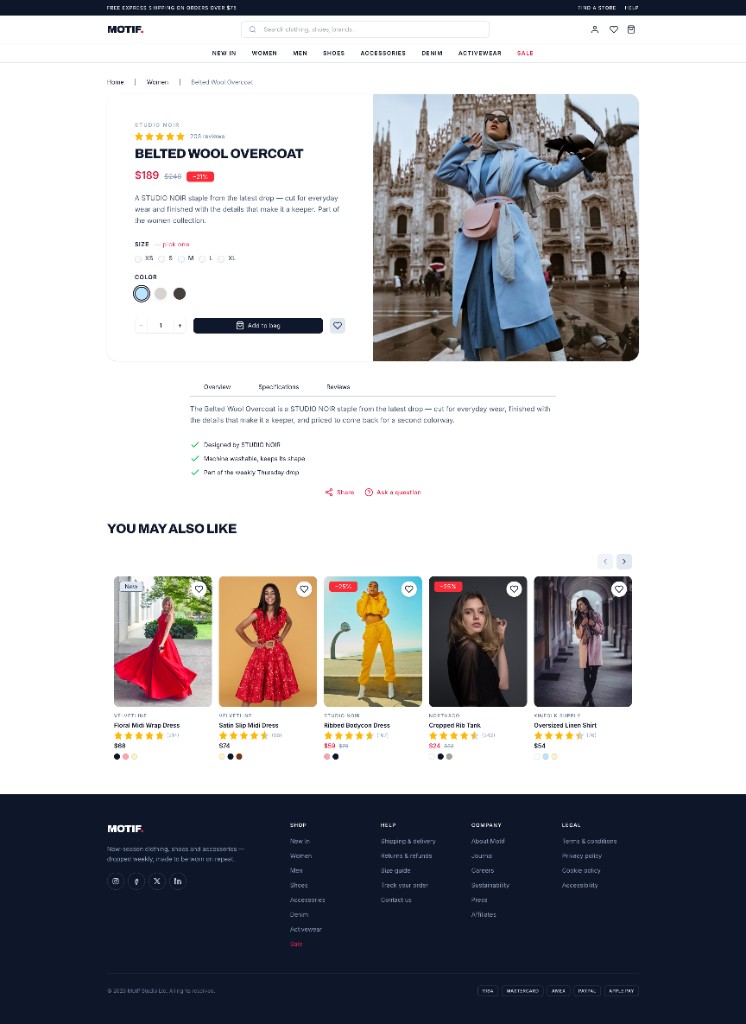 Motif product detail page for a belted wool overcoat with size and colour pickers, tabs and a related products carousel