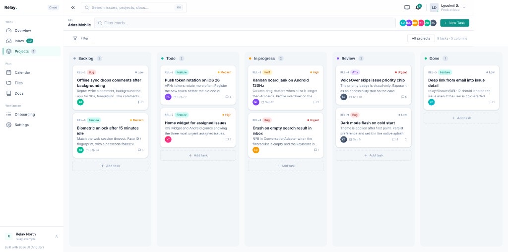 Relay kanban board with columns from backlog to done